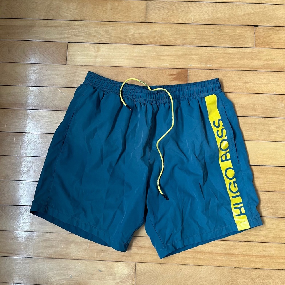 Hugo Boss Dolphin Mens Teal Blue Yellow Logo Swim Shorts Trunks Size Medium